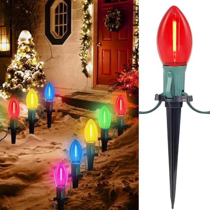 C9 LED Christmas Pathway Lights, 38FT Multi-Color Christmas Pathway String Lights with 25 Multi-Color LED Light Bulbs and Stakes for Outdoor Walkway Driveway Backyard Christmas Decorations