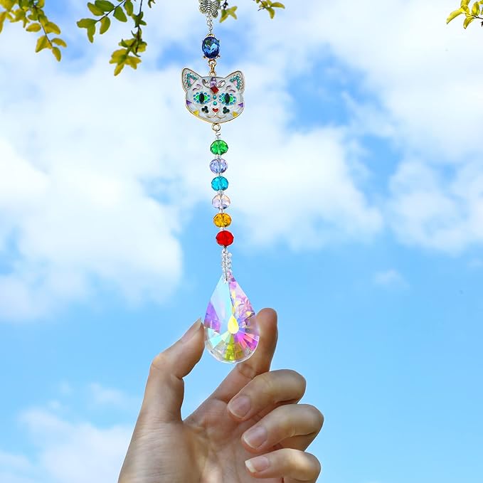 Crystal Rhinestones Suncatcher Cat Face Shaped with Butterfly Window Hang Pendant, Rainbow Crystal Colorful Prisms Ornament Gift Christmas Tree Decoration