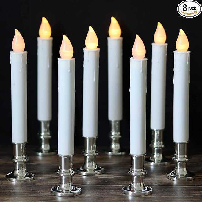 DRomance 9" Flameless Window Taper Candles Battery Operated with 8-Key Remote and Timer, 8 Pack White Christmas Holdiay Window Candles with Silver Holders, Suction Cups and AA Batteries Included