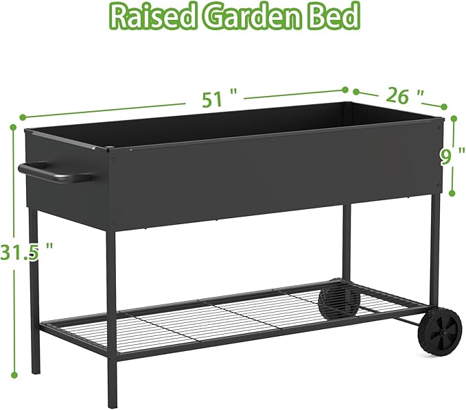 51 × 26 × 32 Inches Raised Garden Bed with Legs/Storage Shelf, Mobile Planter Box for Outdoor Plants, Elevated Garden Bed for Backyard, Balcony, Black