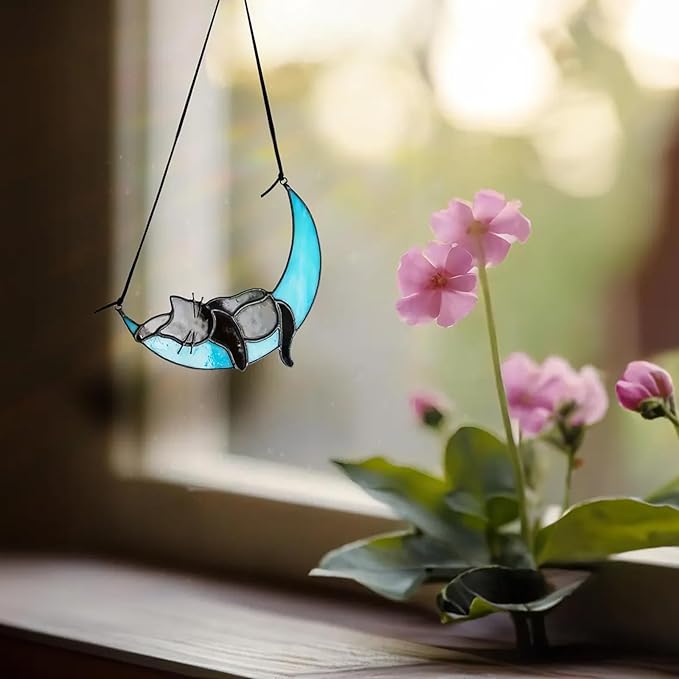 HDCRYSTALGIFTS Black Cat Decor Suncatcher Stained Glass Window Hanging,Handcrafted Kitty Decor Funny for Cat Lovers,Home Decoration for Window Patio Office Living Room Wall