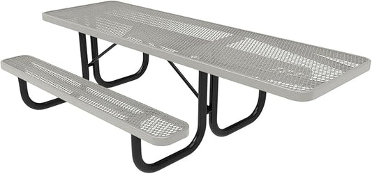 Coated Outdoor Furniture Heavy-Duty Portable ADA-Compliant Outdoor Picnic Table, Expanded Metal Patio Dining Furniture Made in America (8ft Rectangular, One-Side Handicap, Grey)