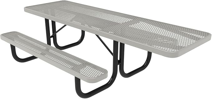 Coated Outdoor Furniture Heavy-Duty Portable ADA-Compliant Outdoor Picnic Table, Expanded Metal Patio Dining Furniture Made in America (8ft Rectangular, One-Side Handicap, Textured Grey)