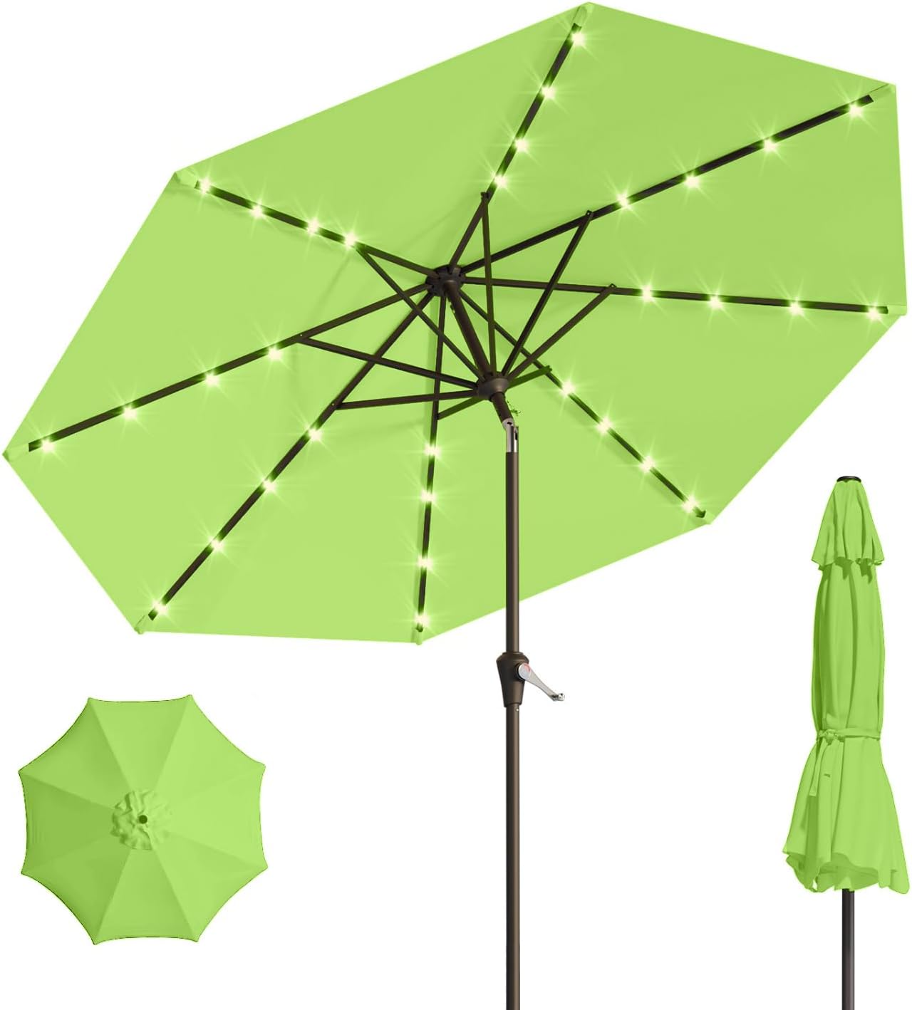 9FT Solar Umbrella 32 LED Lighted Patio Umbrella Table Market Umbrella w/Tilt and Crank, UV-Resistant Outdoor Umbrella for Pool, Garden, Deck, Apple Green