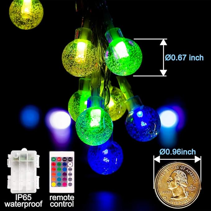 Coloured Globe String Lights Battery Operated，2 Pack 26.2FT 60 LED 16 Colour Changing Water Proof Crystal Ball Outdoor String Lights with Remote Control for Home, Patio,Party, Christmas, Garden Decor