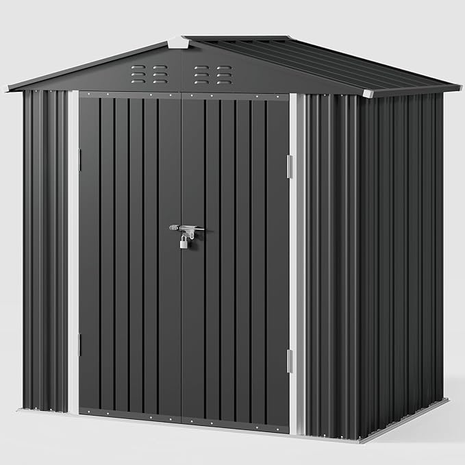 Gizoon Outdoor Storage Shed 6 x 4 FT, Galvanized Metal Garden Shed with Double Lockable Doors, Outdoor Storage Clearance for Backyard Patio Lawn-Dark Grey