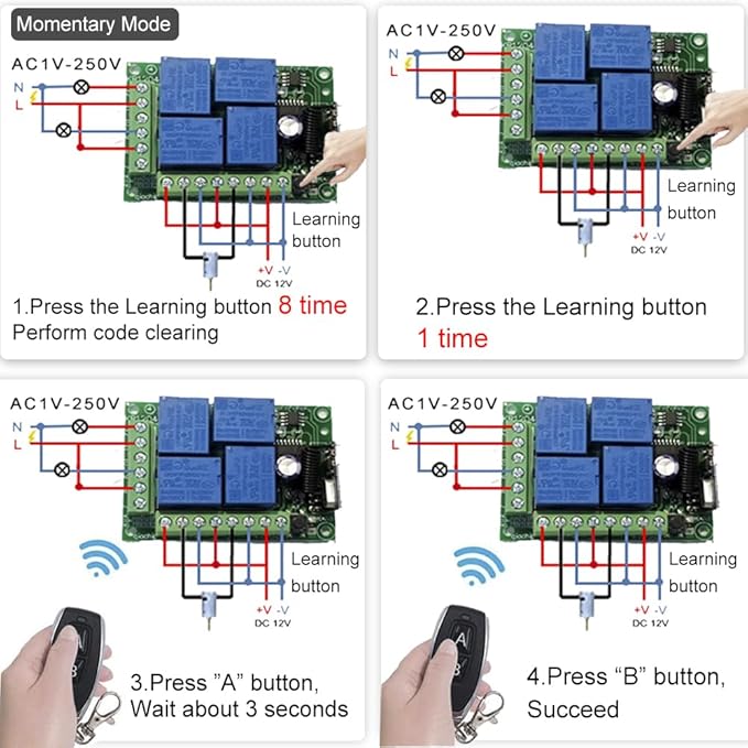 QIACHIP Universal 12V 4CH Wireless Relay Remote Module Switch RF 433Mhz with Remote Control Key Fob 2 Transmitters 1 Receiver for Light Garage Door Electric Gate,Momentary Toggle Latched(KR1204)