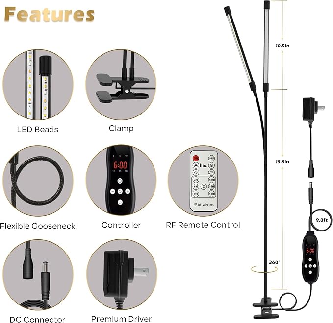 GLOWRIUM Plant Light, LED Grow Lights for Indoor Plants, Clip Plant Light with LCD Display Timer, Full Spectrum Suitable for Any Growth Stage of Plants, 10 Dimmable Levels, Remote Control (2 Strips)