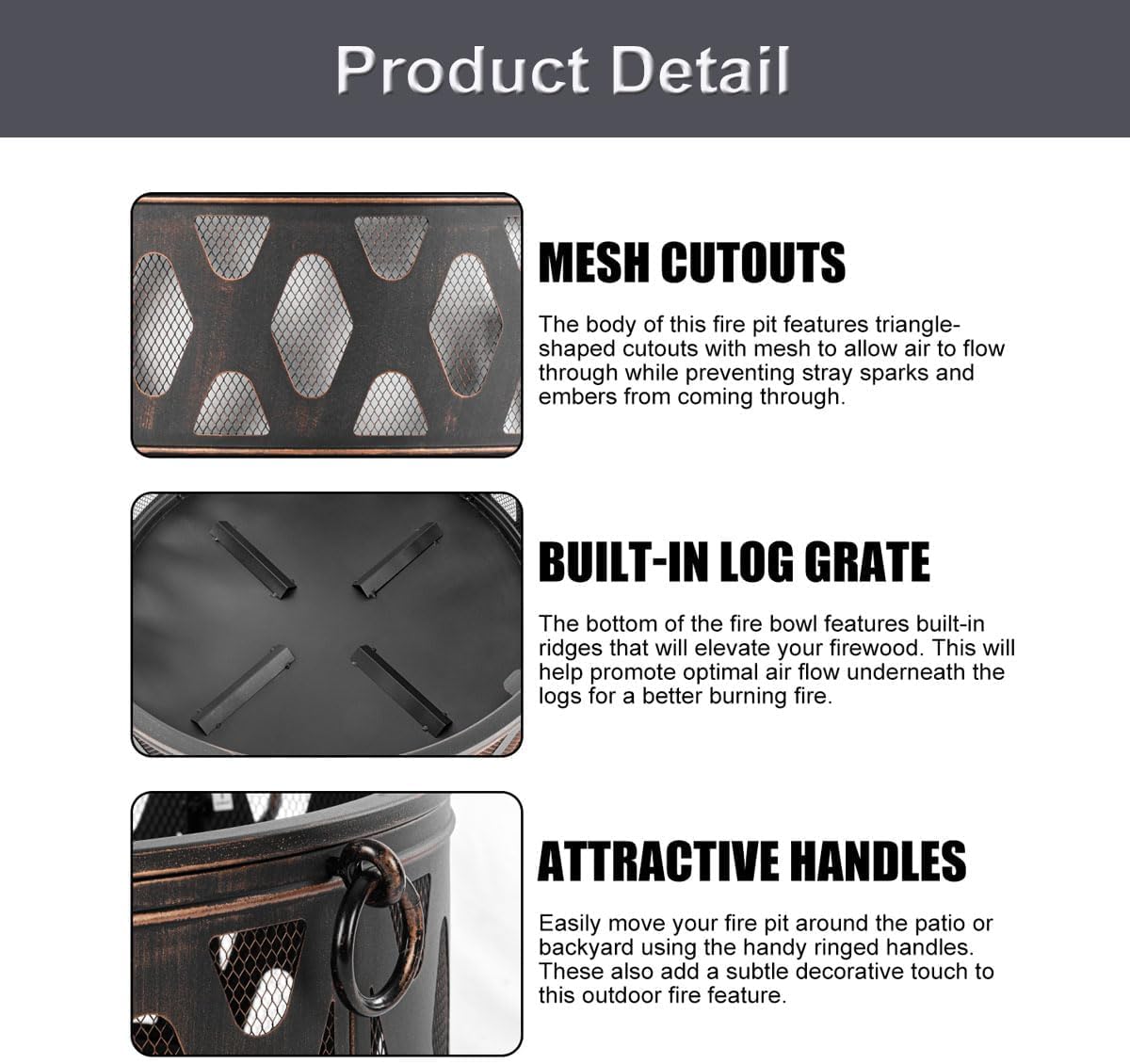 Breezz 26 Inch Wood Burning Fire Pit with Cooking Grill and Spark Screen, Outdoor Metal Round Firepit for Patio, Backyard, Bonfire Party, Camping and Garden