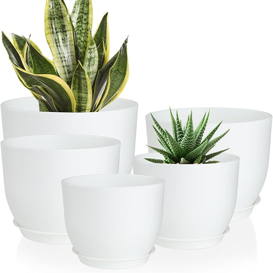 Plant Pots 10/9/8/7.5/7 inch Flower Pots with Multi Mesh Drainage Holes, Planters for Indoor Outdoor Garden Plants and Flowers. (White)