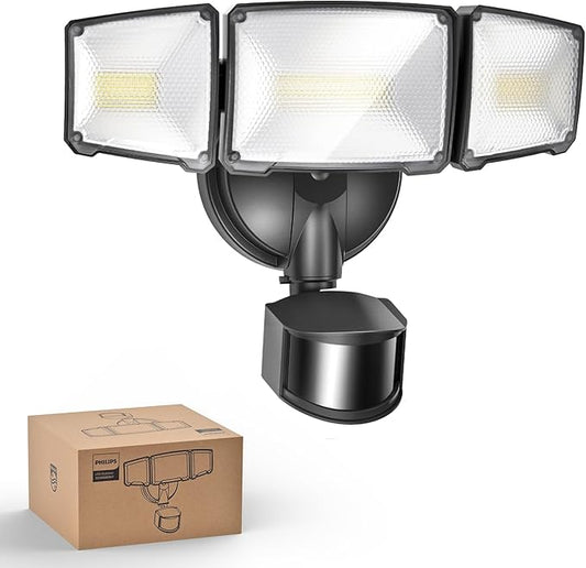 Philips 72W 7400LM LED Security Lights w/PIR Motion Sensor Outdoor, 5000K Daylight Dusk to Dawn Aluminum Flood Light, 3 Adjustable Heads, Waterproof for Garage, Yard, Porch