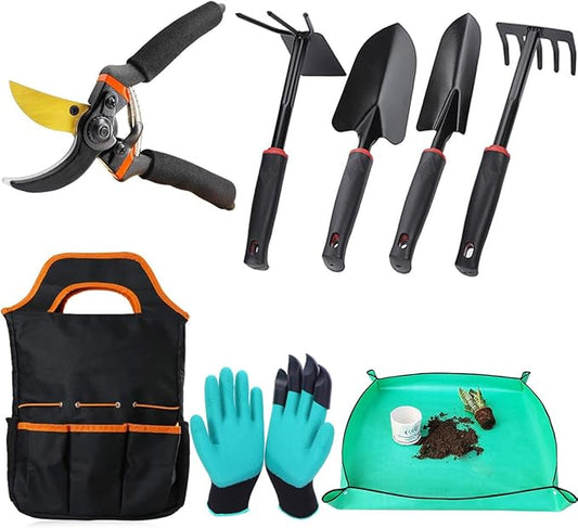 Premium 8-Piece Garden Tools Set – Heavy Duty Carbon Steel with Rust-Proof Coating, Ergonomic Handles, SK-5 Pruning Shears, Waterproof Repotting Mat & Storage Tote Bag – Ideal Gift for Gardeners