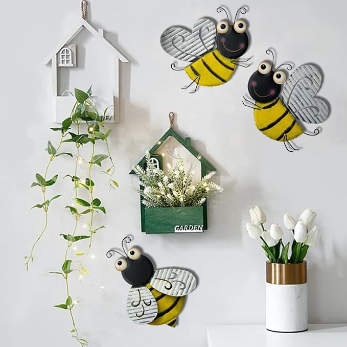 3 Pcs Metal Bee Wall Decor, Cute Bumble Bee Sculpture, Funny Animal Wall Decor - Yellow Bodies, Black Stripes, Large Eyes for Home Office Decor (Bee)