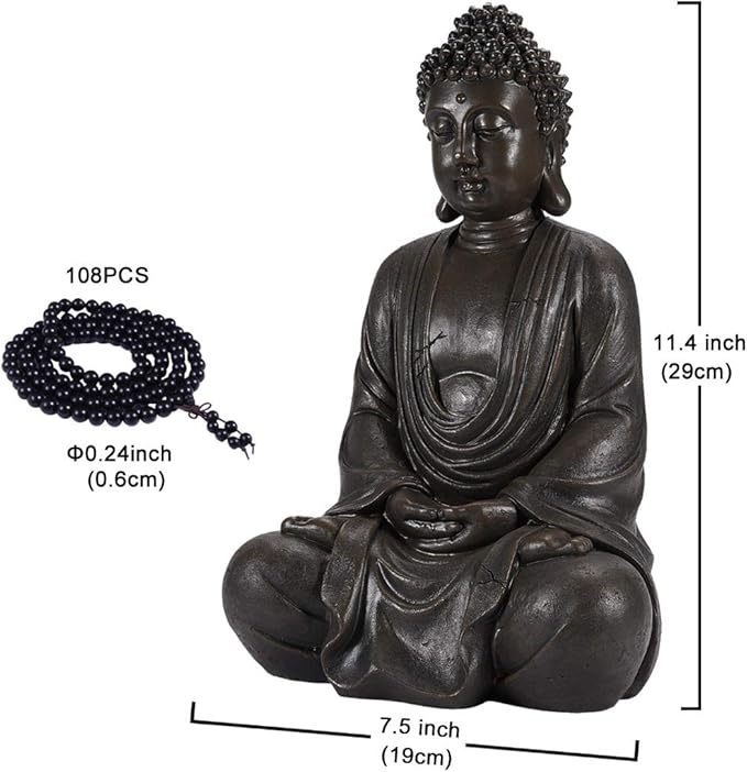 Goodeco 11.4" Meditating Buddha Statue Home Decor - Meditation Gifts for Room/Garden/Patio/Deck/Porch Yard Art Decoration, Zen Decor Buda Statues with Natural Wood Beaded Necklace