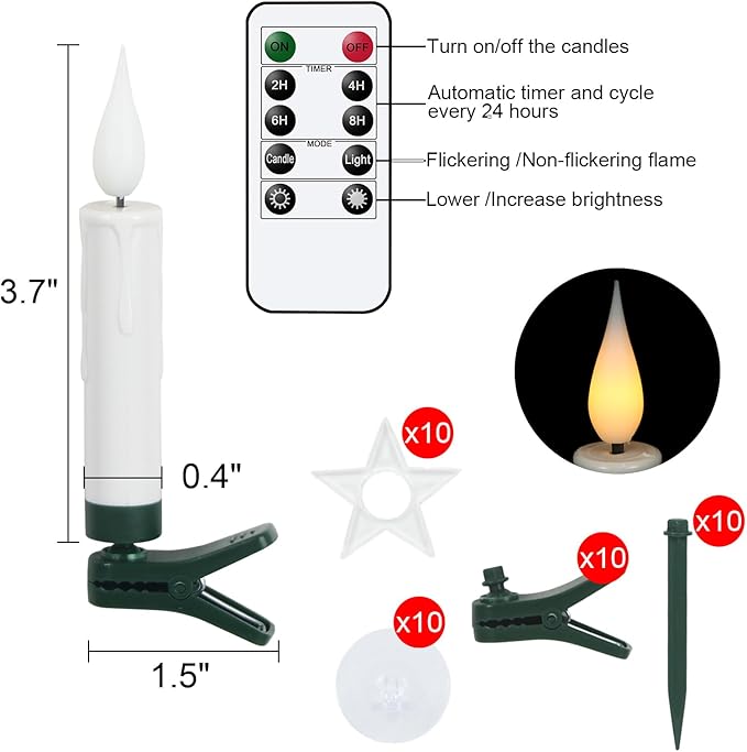 DRomance Christmas Tree Flameless Taper Candle Lights Battery Operated with 10-Key Remote and Timer, 10 Pack Plastic 3D Wick Flickering LED Taper Candles Multi-Using Home Garden Holiday Decor 3.4"