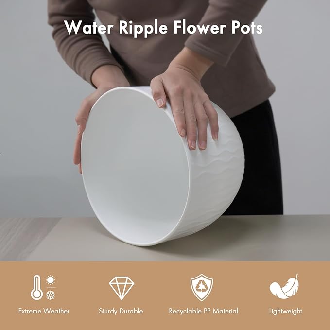 12 Inch Large Plant Pots for Indoor or Outdoor Plants, Wide Water Ripples Flower Pots with Drainage Holes & Saucer, Plastic Planters Set for Garden & Home Decor (White)