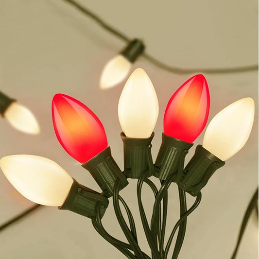 C7 LED Red and White Christmas Lights, 25Ft Outdoor Decorations With 27 Shatterproof Bulbs, Hanging Vintage Christmas Lights for Tree Roofline Holiday Party Backyard