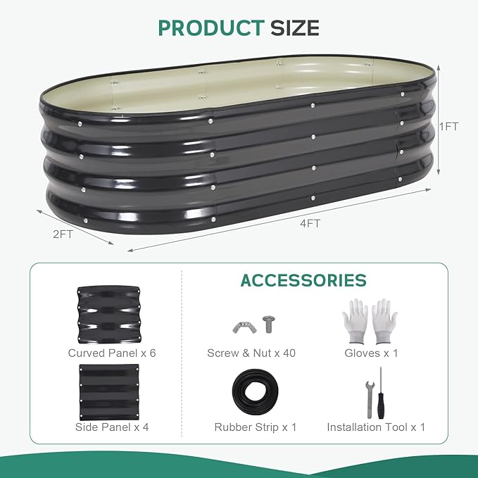 Galvanized Raised Garden Bed Outdoor - 4×2×1ft Planter Raised Beds for Gardening | Oval Metal Garden Planter Box with Safety Edging and Gloves for Vegetables Fruits and Flowers - Grey