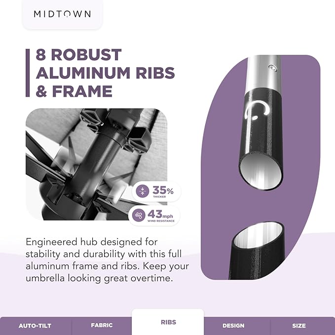 Midtown Umbrellas 10-Year-No-Fade - 8 Ft - UV Proof Purple/White Stripes Fabric - Umbrella Outdoor Patio, Auto-Tilt Aluminum Frame Patio Umbrella for Garden, Pool & Deck - Black Pole