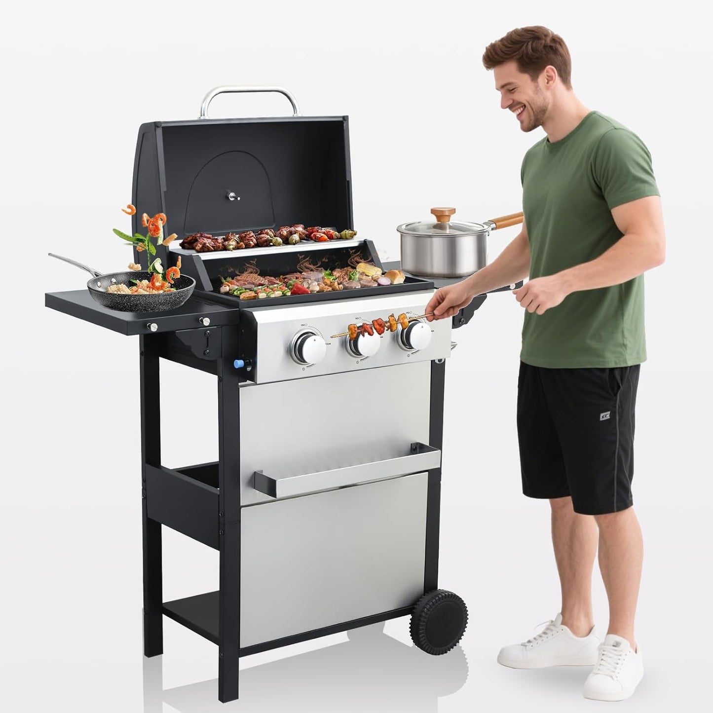 3-Burner Propane Gas BBQ Grill with Porcelain-Enameled Cast Iron Grates and 2 Foldable Side Table, 25,650 BTU Stainless Steel Grill for Outdoor Camping Barbecue Grilling Backyard Cooking - Silver