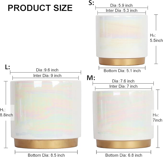 Gepege White Indoor Pots for Plants, Ceramic Planter with Drainage Hole, 9.6inch+7.6Inch+6Inch. Succulent Orchid Flower Pot - Rainbow Pearl Glaze