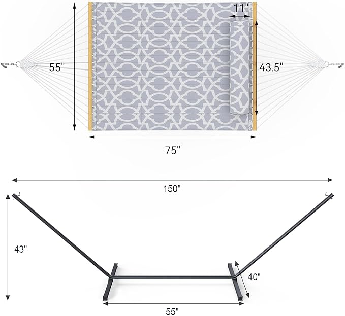 2 Person Outdoor Hammock with Stand, Cotton Rope Hammock with Polyester Pad, Adjustable Steel Frame, Portable with Carrying Bag – for Patio, Backyard, Garden, Beach, White-Gray