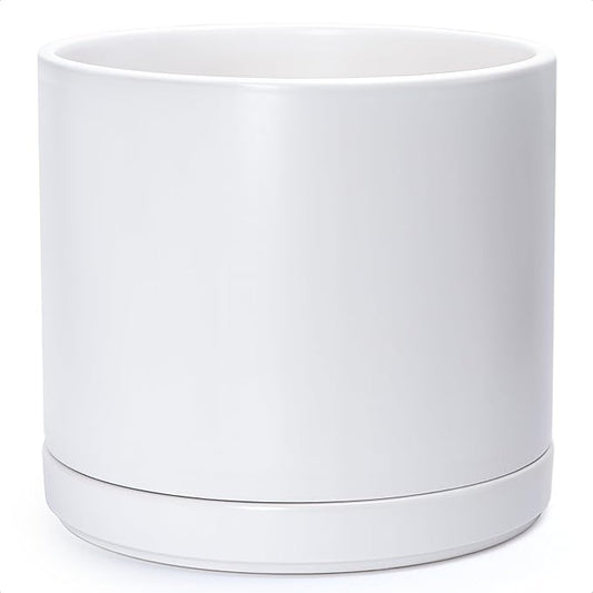 D'vine Dev 14 Inch Ceramic Planter Pot with Drainage Hole and Saucer, Indoor Cylinder Round Planter Pot, White, 94-O-G-1