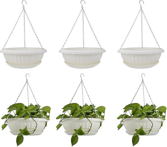 10.63in Hanging Planter Pots for Outdoor and Indoor Plants Flowers with Drainage Hole Tray Hooks Plastic Plant Baskets for Garden Home Porch (White, Pack of 6)