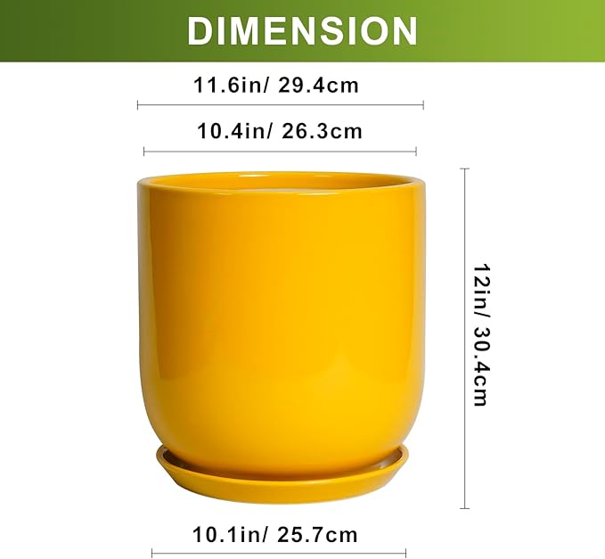 12 Inch Pots for Plants - Ceramic Planter for Outdoor Plants Large Plant Pot Indoor with Drainage Hole Modern Flower Pot for Home Patio Office Decor Yellow