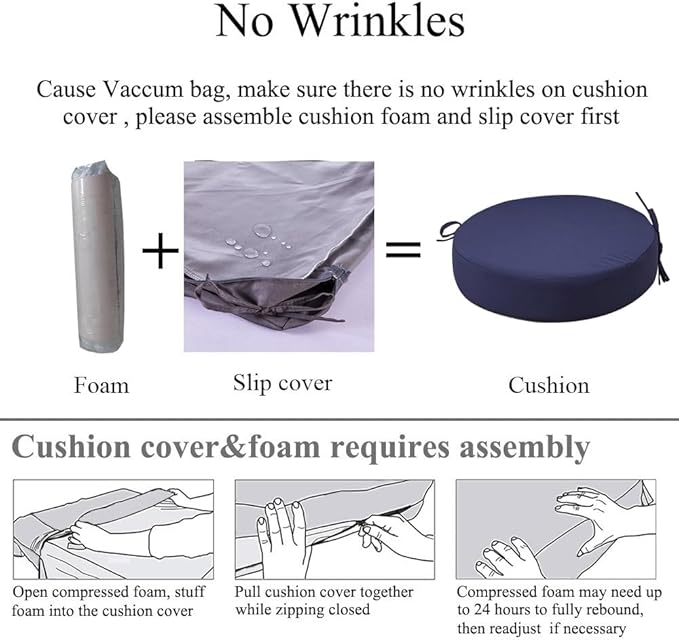 15 x 15 Inch Round Cushions for Outdoor Furniture Non-Slip Waterproof Patio Bistro Chair Cushion with Ties Bar Stool Seat Cushion for Kitchen Chairs Set of 4, Navy Blue