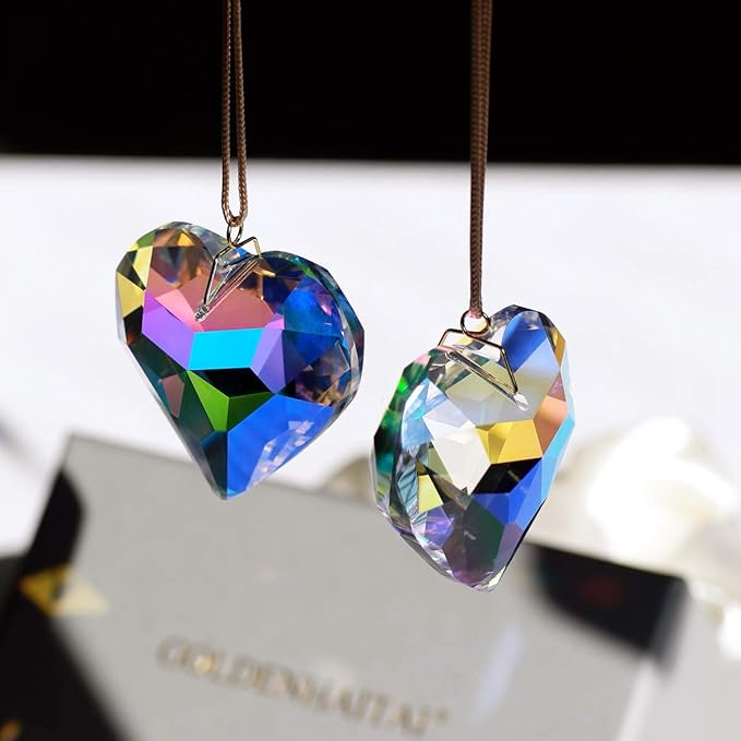AB Color Heart Crystal Suncatcher, 2pc 45mm Hanging Prism for Windows, Outdoor Indoor Decoration, Rainbow Maker Gifts for Mom, Grandma, Friend