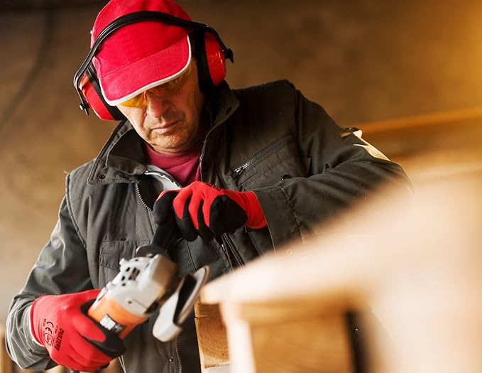 DULFINE Safety Work Gloves PU Coated for Men and Women-12 Pairs,Red Seamless Knit Glove with Two Fingers Touchscreen,Ideal for General Duty Work (Extra Large)