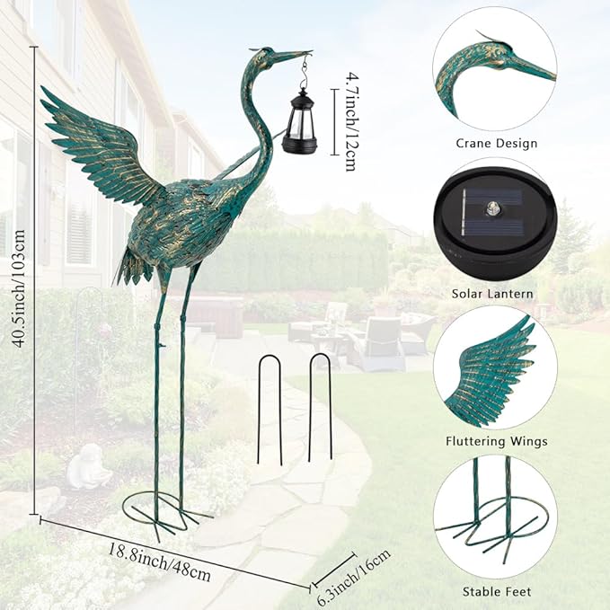 DREAMSOUL 40.5" Heron Garden Statues Large Metal Crane Outdoor Statues Standing Solar Bird Statue for Patio Pool Lawn Decoration