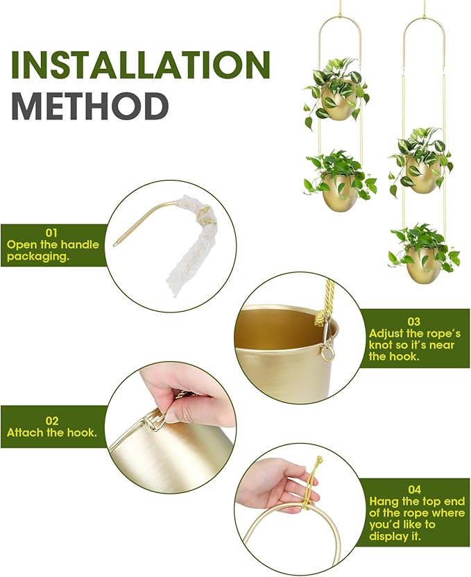 AceList Gold Hanging Planter Set of 2-5.51 Inch Hanging Planters for Indoor Plants, Home, Balcony, Garden, and Patio - Window Hanging Planters with Hemp Rope