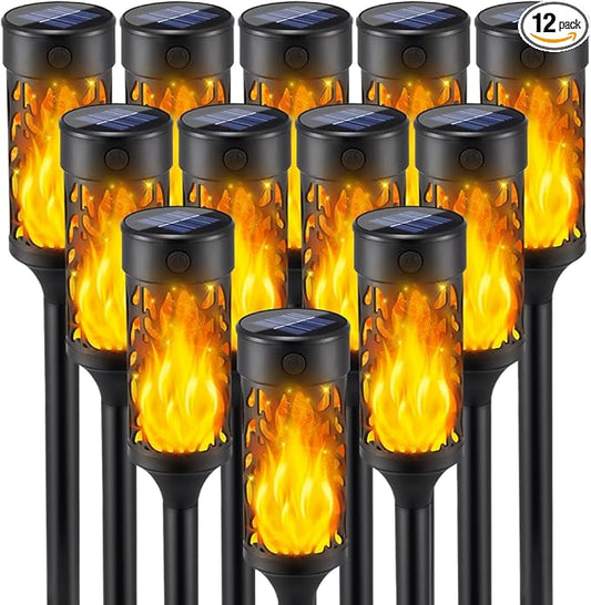 12Pcs Solar Lights Outdoor Waterproof, Tiki Torches for Outside with Flickering Flame, Solar Powered Outdoor Lights for Garden Decor, LED Luces Solares Garden Lighting for Pathway Yard Decorations
