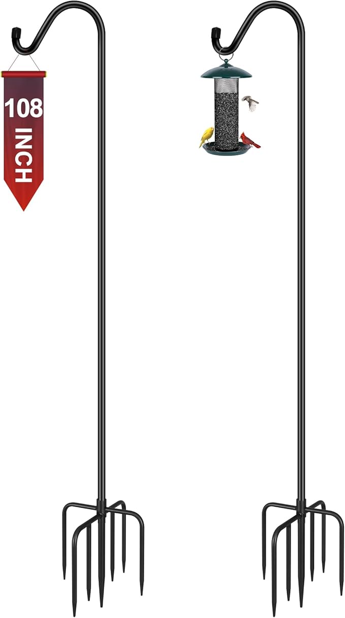 Gtongoko 2 Pack 108 Inch Tall Shepherds Hooks for Outdoor Bird Feeders, Heavy Duty Bird Feeder Pole Stand, Adjustable Hanger for Plant, Lights, Lanterns Wedding Decor with 7 Prongs Base