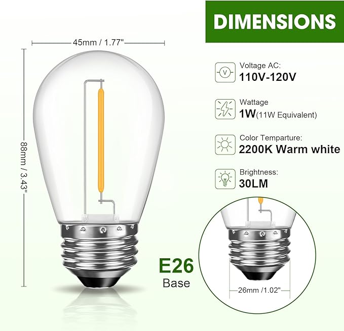 LED S14 Replacement Light Bulbs for Patio String Light, Shatterproof & Waterproof Hanging Light Bulbs for Outdoor String Lights, Dimmable, E26 Base, 24 Pack