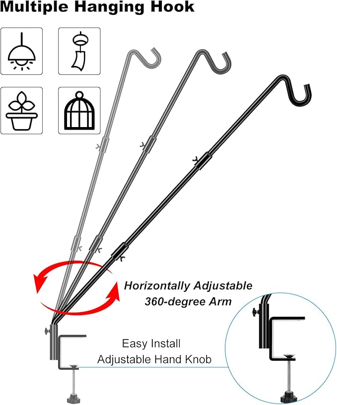 FEED GARDEN [Upgrade Version 2 Pack Bird Feeder Hanger Adjustable 43 Inch Deck Hooks for Railing 360 Degree Swivel Heavy Duty Hanging Hooks for Bird Feeders Wind Chimes