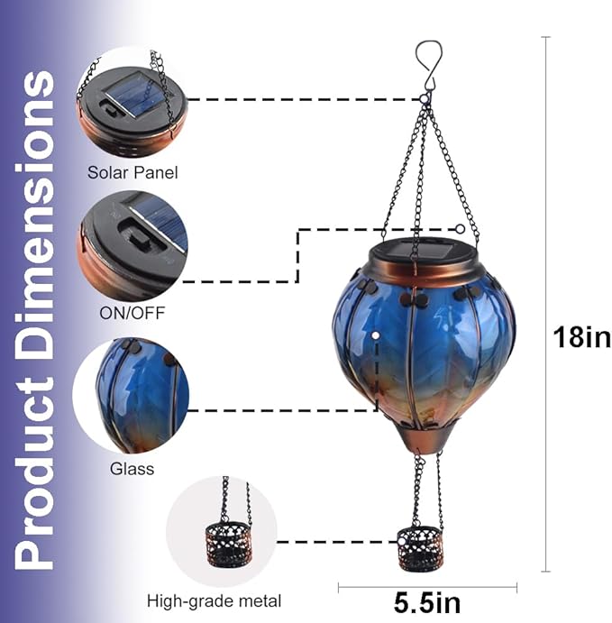 Hot Air Balloon Solar Lantern with Flickering Flame Hanging Solar Lanterns Outdoor Lights Waterproof Lanterns Decorative Garden Patio Yard Party Decor Blue