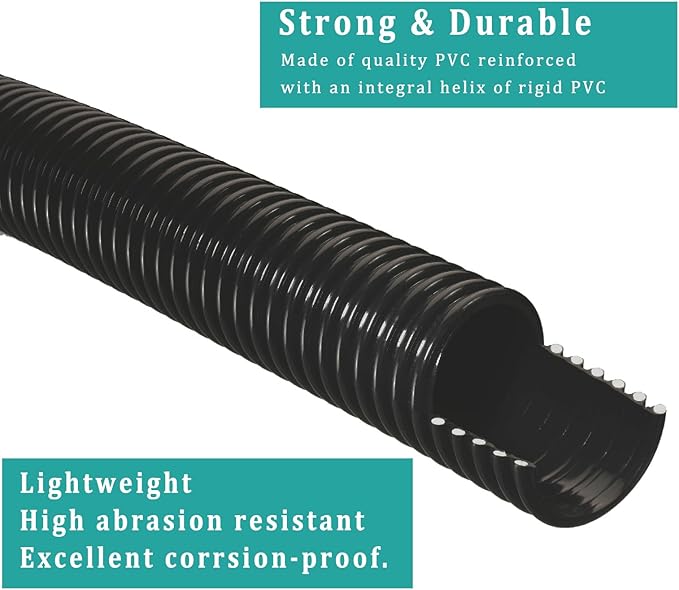 Pond Tubing ID 1” × 10ft Black Corrugated Flexible Reinforced Waterfall Pond Tube Sump Pump Hose, Non-toxic & Kinkproof (10 ft, 1" ID)