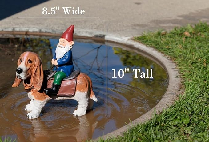 Funny Guy Mugs Gnome Riding A Basset Hound - Funny Garden Gnomes Gifts for Women - Garden Gnomes for Outdoors - Gifts for Dog Lovers - Indoor/Outdoor Garden Gnome Sculpture for Patio, Yard or Lawn