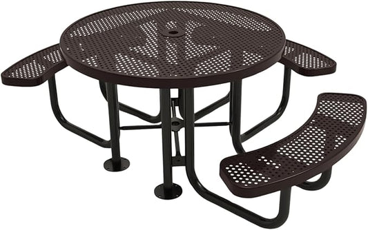 Heavy-Duty Portable Outdoor Picnic Table with Umbrella Hole, Punched Steel Patio Dining Furniture Made in America (46" Round Top, Brown)