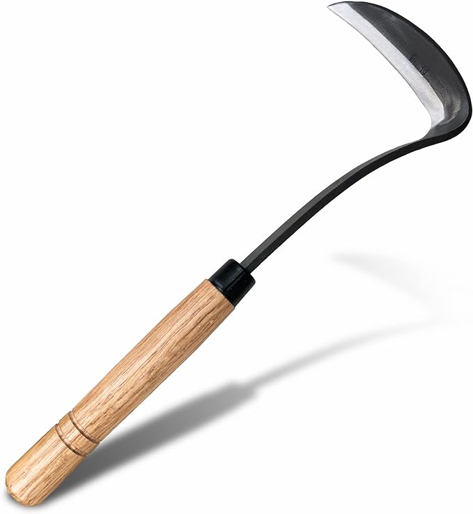 SHANFEEK Japanese Weeding Sickle Hoe Gardening Tools 13-Inch Weed Remover Tool High-Carbon Steel One-Piece Molding with Hard Solid Wood Handle(Snake-Necked)