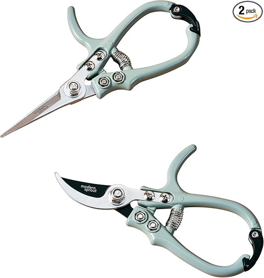 Modern Sprout Hand Pruners & Shears Set - Lightweight Gardening Tools W/Easy Lock - Sharp Carbon Steel Blades -Rust Resistant Scissors for Herbs, Flowers - Reusable Holster - Sage