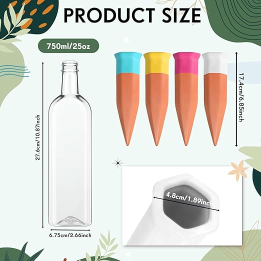 12 Pack Plant Watering Devices, Terracotta Self Watering Spikes with 25 oz Plastic Wine Bottles, Slow Release Plant Waterer Self Watering Planter for Vacation Indoor Outdoor Plant