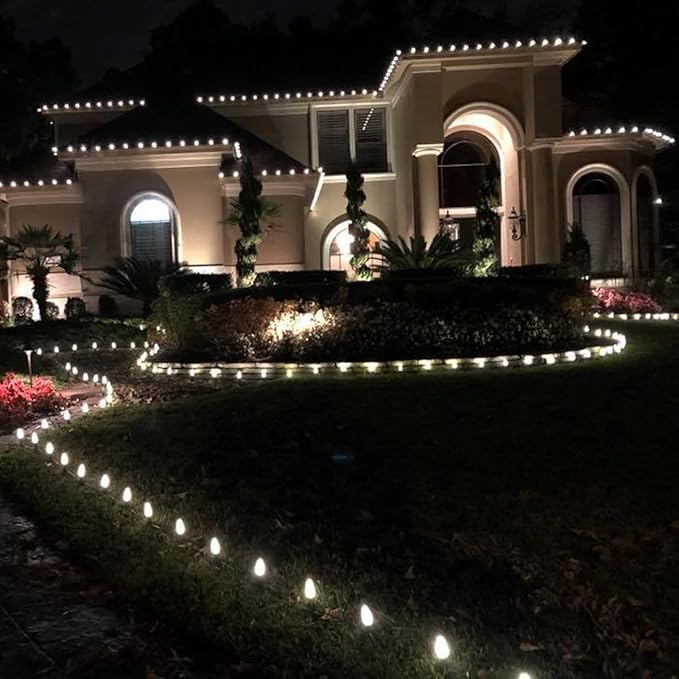 C9 Christmas Pathway Lights with Stakes,Cold White,2 Pack Total 60 Ft 40 Strawberry LED Bulbs,Connectable Shatterproof Outdoor Lights Marker for Xmas Yard Garden Path Lawn Walkway Sidewalk