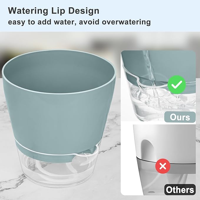 Hayder Plant Pots 6 inch Set of 6, Self Watering Flower Pots Indoor Outdoor, Self Watering Planters with Drainage Hole & Clear Saucer Reservoir