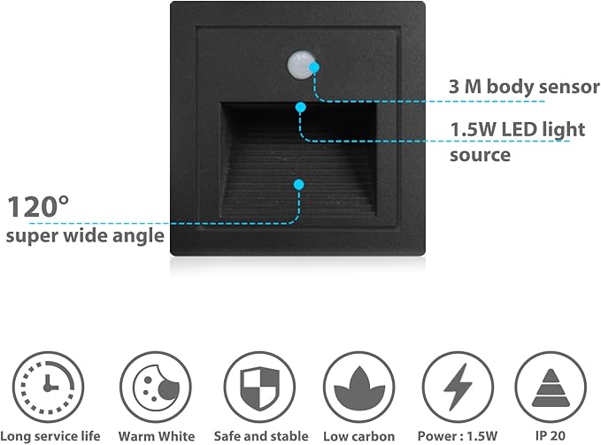1Pcs/1.5W LED Recessed Wall Light with Motion Sensor, IP20 Indoor Step Lights, Low Voltage Bodysensor LED Stair Lights, Warm White 3000K for Indoor Stairs, Home, Kitchen, Attic, Aisle