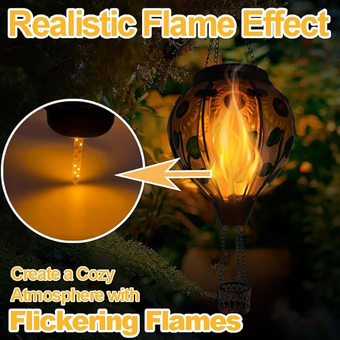 2PCS Solar Hot Air Balloon Lanterns with Flame with Shepherd's Hooks, Glass Hanging Flickering Lights Outdoor Waterproof for Garden Tree Yard Patio Mother's Day Gift, 18" H Sunflower