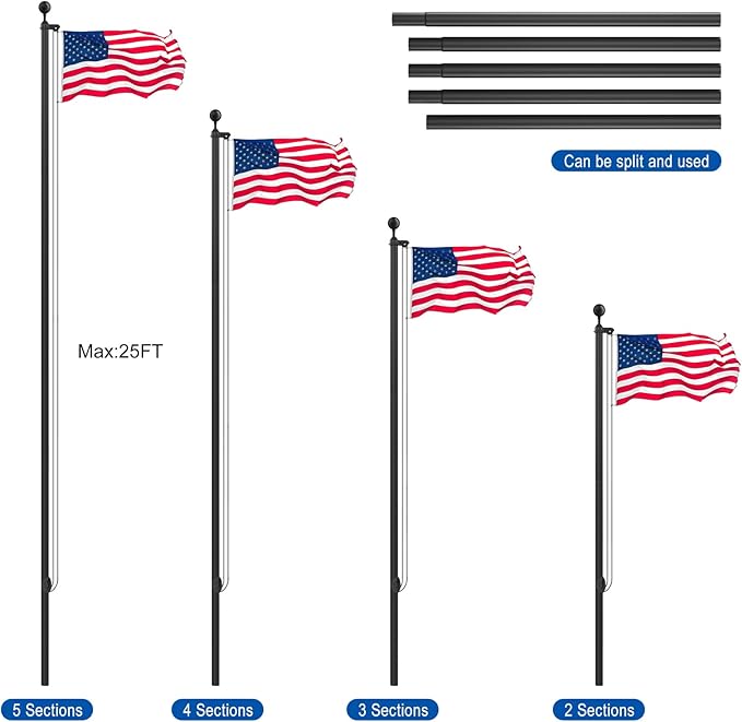 Flag Pole Kit 25FT, 12 Gauge 1.8mm Thickness Heavy Duty Flag Poles with 3x5 American Flag, Black Flag pole for Outdoor House In Ground, Extra Thick Flagpoles Suitable for Yard and Garden